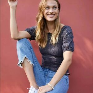 5 FOR 5--Loft Eyelet Smocked Puff Sleeve Top in Blue size Small Petite PS